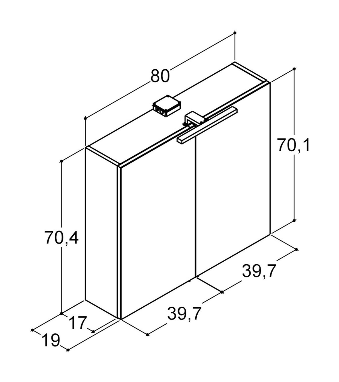Dansani Entry valaisinpeilikaappi 80x70,4x19 cm mattavalkoinen 2 ovea ilman vetimiä päävalaistus pistorasia keskellä kaksoisjohdotus
