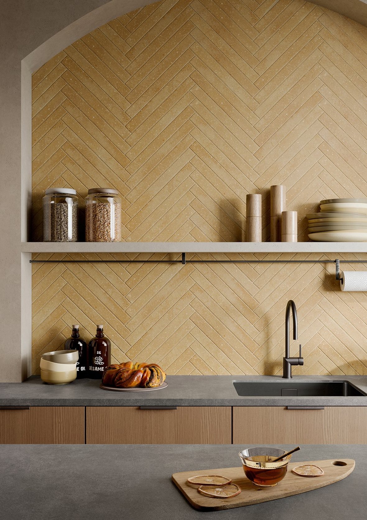 Keittiö, Moderni, LPC Artisano, LPC Artisano lasitettu porcelanato seinälaatta lattialaatta ulkolaatta 4,8X45 10 senape laineileva matta keskitumma keltainen terrazzo