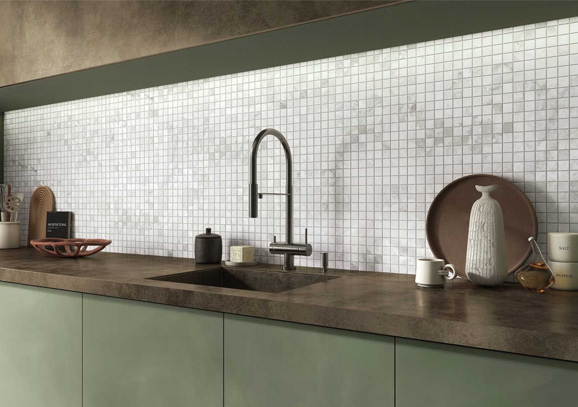 Keittiö, Moderni, LPC Elegance, LPC Elegance Mosaico lasitettu porcelanato mosaiikki seinälaatta lattialaatta 2,5X2,5 04 Sky tasapintainen matta vaalea harmaa marmori