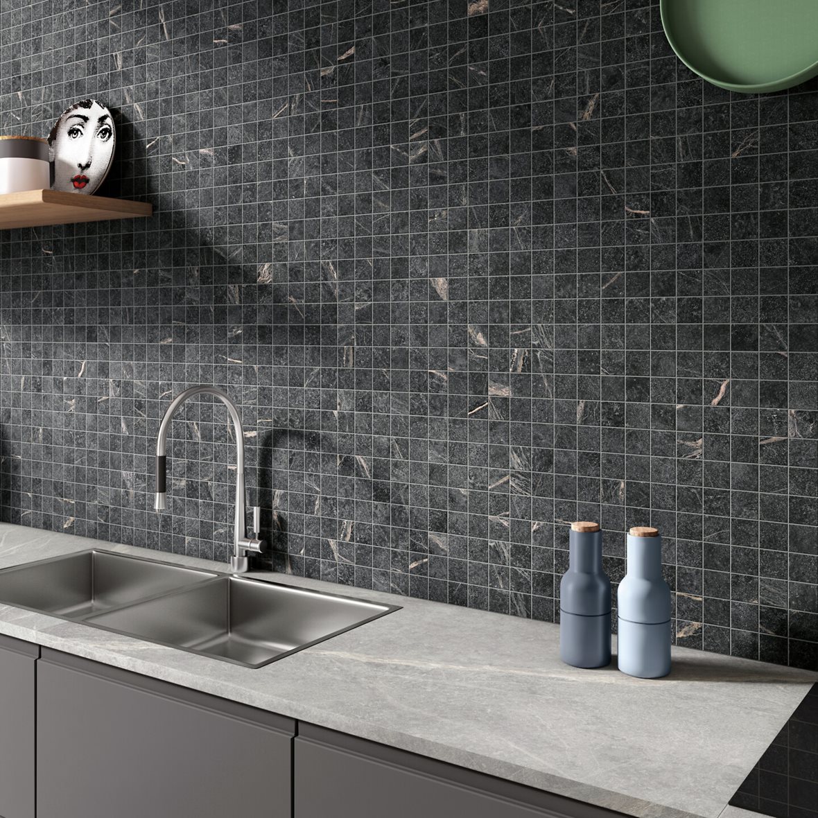 Keittiö, Moderni, LPC Loimu, LPC Loimu lasitettu porcelanato mosaiikki seinälaatta lattialaatta 5X5 04 musta tasapintainen matta tumma musta kivi