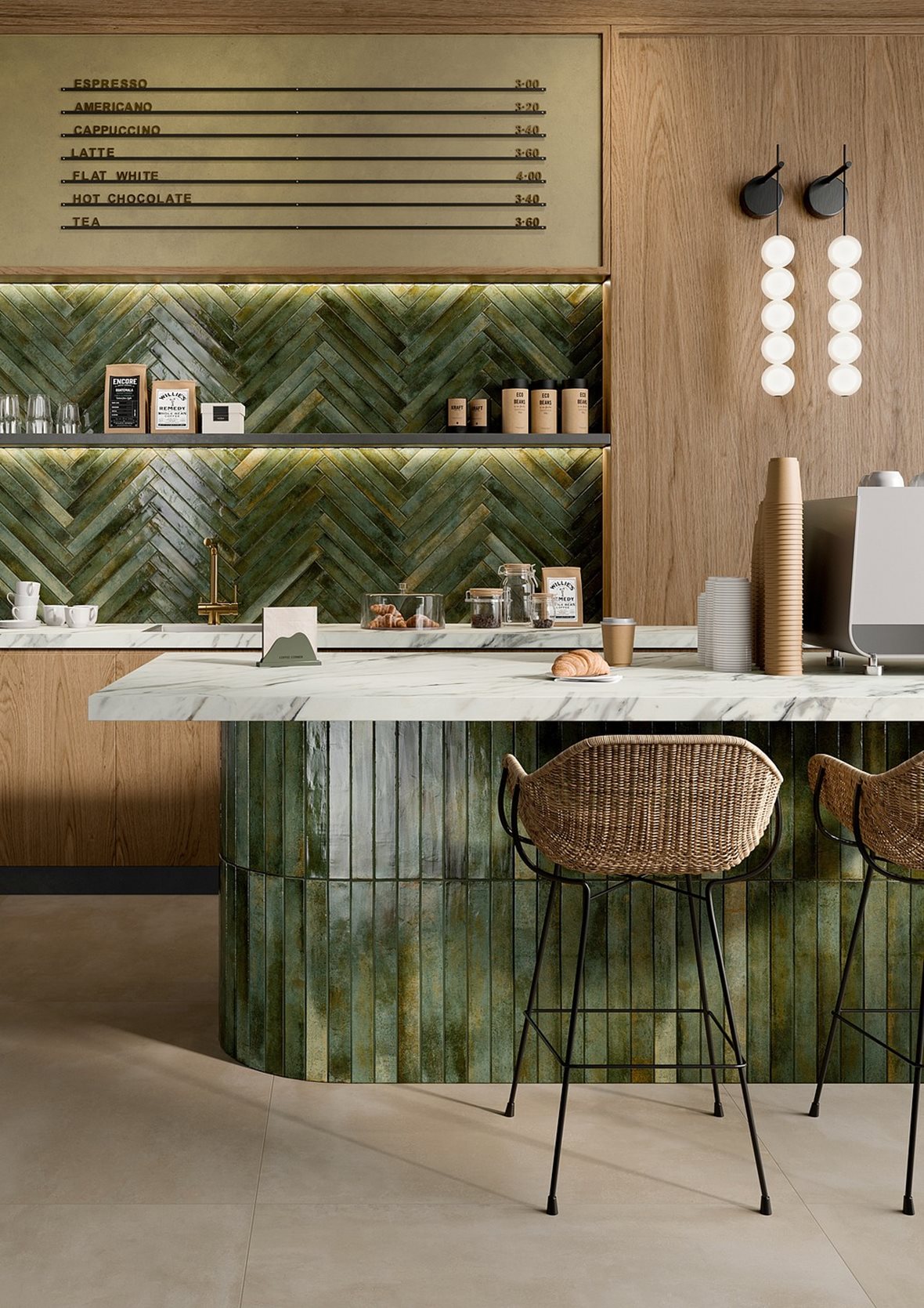 Keittiö, Moderni, LPC Lusteria, LPC Lusteria lasitettu porcelanato seinälaatta lattialaatta ulkolaatta 4,8X45 10 green laineileva kiiltävä keskitumma vihreä vivahteikas