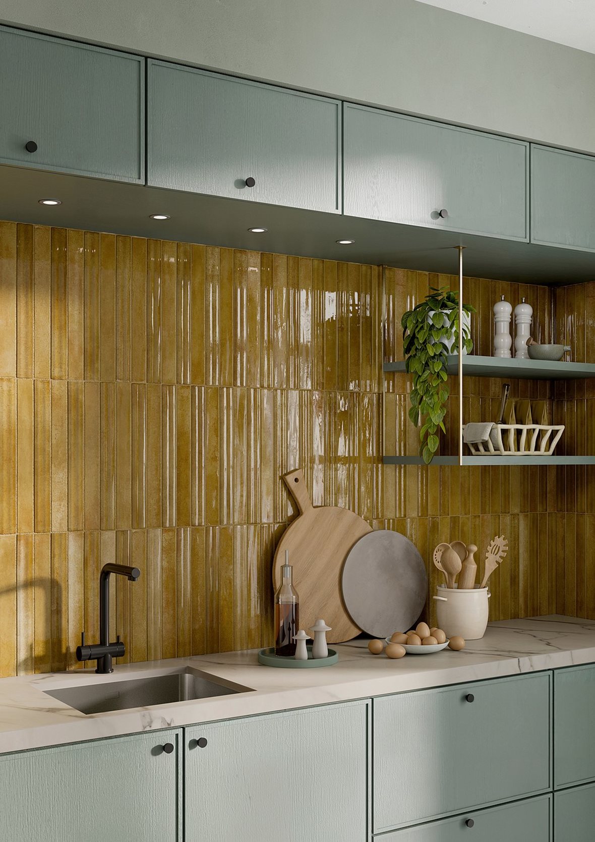 Keittiö, Moderni, LPC Lusteria, LPC Lusteria lasitettu porcelanato seinälaatta lattialaatta ulkolaatta 4,8X45 07 senape laineileva kiiltävä keskitumma oranssi vivahteikas, LPC Lusteria Wave lasitettu porcelanato seinälaatta 4,8X45 07 senape kohokuvioinen kiiltävä keskitumma oranssi vivahteikas