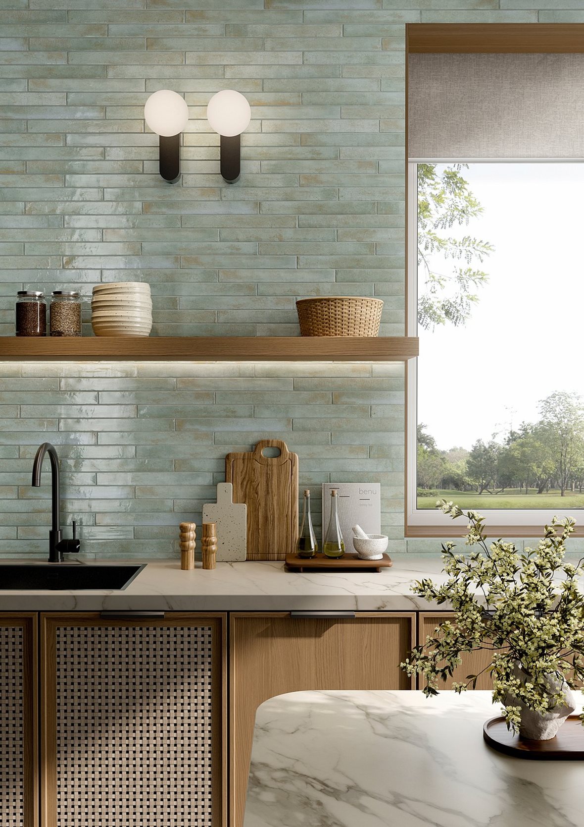 Keittiö, Moderni, LPC Lusteria, LPC Lusteria lasitettu porcelanato seinälaatta lattialaatta ulkolaatta 4,8X45 09 sky laineileva kiiltävä keskitumma turkoosi vivahteikas