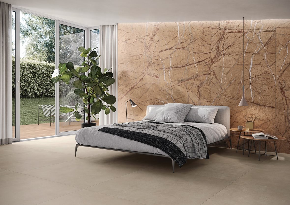 Makuuhuone, Moderni, LPC Sense, LPC Sense lasitettu porcelanato seinälaatta lattialaatta ulkolaatta 120X120 03 hiekka tasapintainen matta keskitumma beige vivahteikas, Klassinen, LPC Odyssey, LPC Odyssey lasitettu porcelanato seinälaatta lattialaatta ulkolaatta 120X278 11S Terra tasapintainen satiini keskitumma oranssi kivi