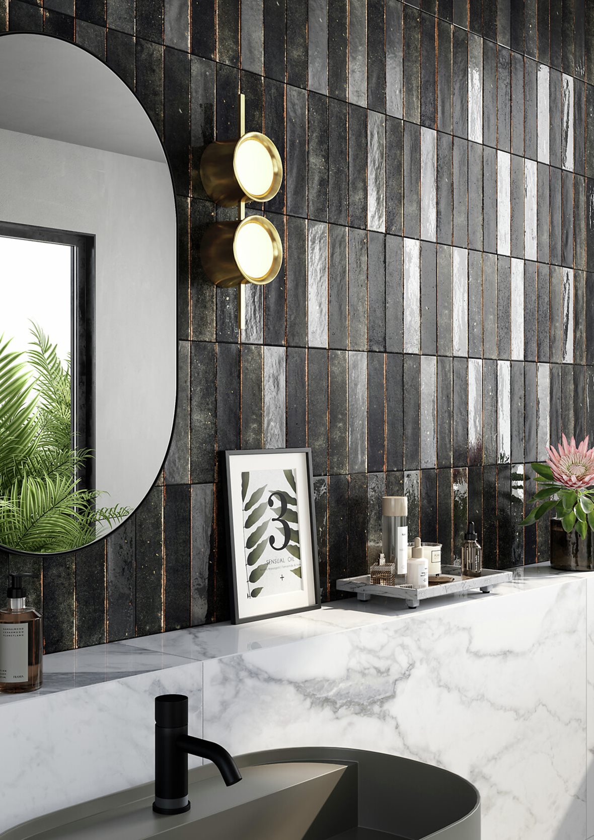 WC, Retro, LPC Poem, LPC Poem lasitettu porcelanato seinälaatta ulkolaatta 6X25 06 musta laineileva kiiltävä tumma musta vivahteikas, LPC Poem lasitettu porcelanato seinälaatta lattialaatta ulkolaatta 6X25 06 musta laineileva matta tumma musta vivahteikas