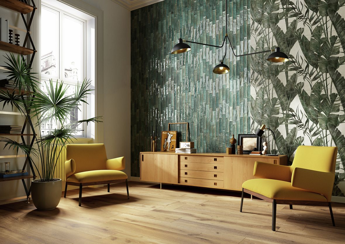 Olohuone, Retro, LPC Poem, LPC Poem lasitettu porcelanato seinälaatta ulkolaatta 6X25 07 eukalyptus laineileva kiiltävä keskitumma vihreä vivahteikas, LPC Poem lasitettu porcelanato seinälaatta lattialaatta ulkolaatta 6X25 07 eukalyptus laineileva matta keskitumma vihreä vivahteikas