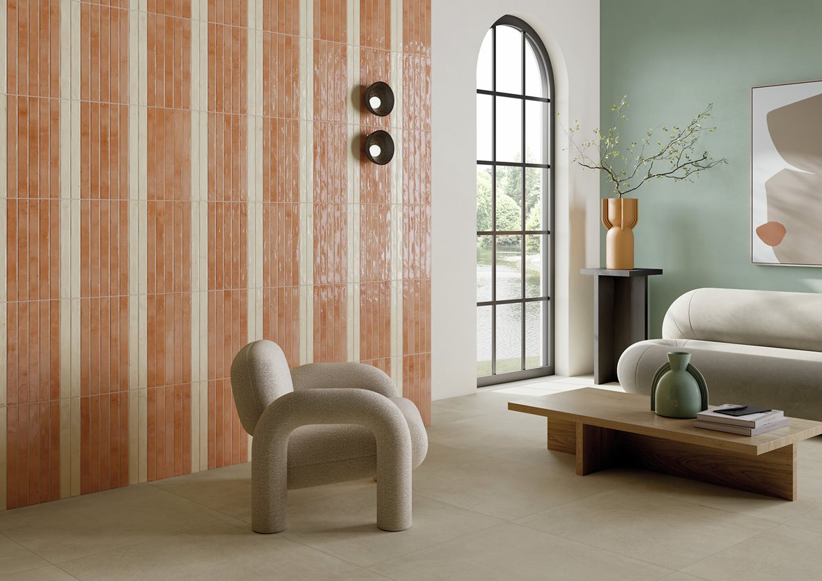 Olohuone, Moderni, LPC Provence, LPC Provence lasitettu porcelanato seinälaatta 4,8X45 06 beige laineileva kiiltävä vaalea beige vivahteikas, LPC Provence lasitettu porcelanato seinälaatta 4,8X45 04 lohi laineileva kiiltävä vaalea punainen vivahteikas