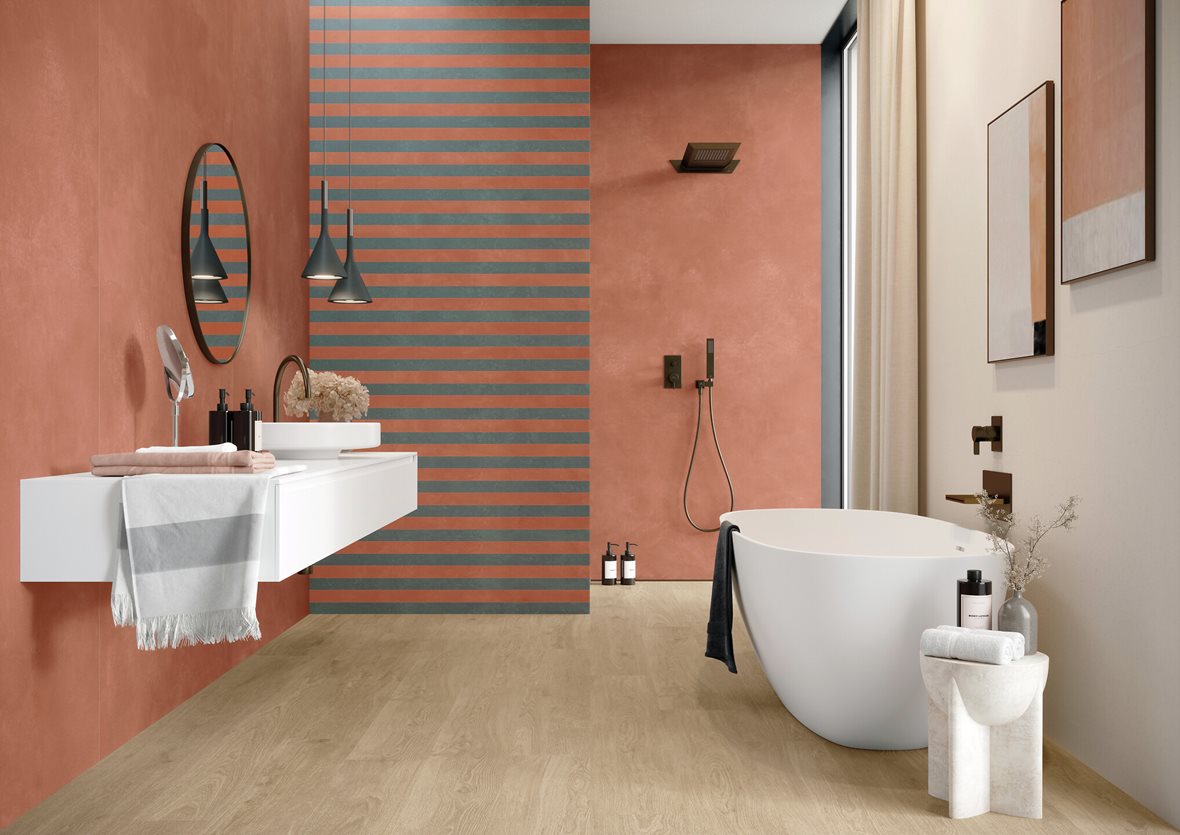 Kylpyhuone, Moderni, LPC Sense, LPC Sense lasitettu porcelanato seinälaatta ulkolaatta 5X120 12 petrooli tasapintainen matta tumma turkoosi vivahteikas, LPC Sense lasitettu porcelanato seinälaatta lattialaatta ulkolaatta 120X278 01 karmiini tasapintainen matta keskitumma oranssi vivahteikas, LPC Sense lasitettu porcelanato seinälaatta ulkolaatta 5X120 01 karmiini tasapintainen matta keskitumma oranssi vivahteikas