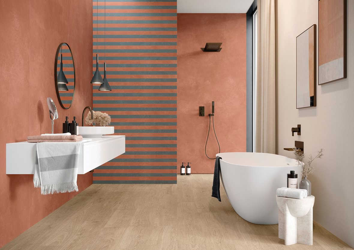 Kylpyhuone, Moderni, LPC Sense, LPC Sense lasitettu porcelanato seinälaatta ulkolaatta 5x120 12 petrooli tasapintainen matta tumma turkoosi vivahteikas, LPC Sense lasitettu porcelanato seinälaatta lattialaatta ulkolaatta 120x278 01 karmiini tasapintainen matta keskitumma oranssi vivahteikas, LPC Sense lasitettu porcelanato seinälaatta ulkolaatta 5x120 01 karmiini tasapintainen matta keskitumma oranssi vivahteikas