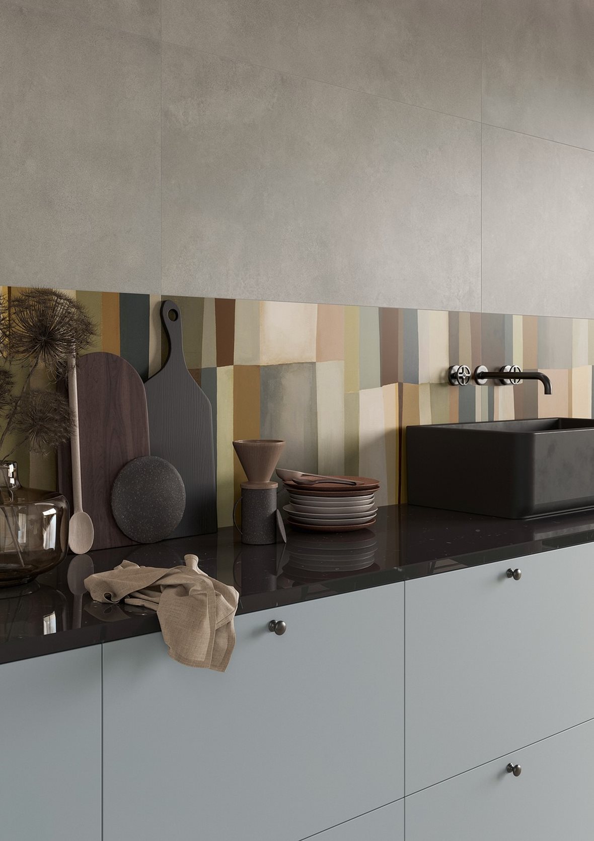 Keittiö, Moderni, LPC Sense, LPC Sense lasitettu kuviolaatta 60X120 Retro tasapintainen matta keskitumma moniväri vivahteikas, LPC Sense lasitettu porcelanato seinälaatta lattialaatta ulkolaatta 60X120 09 savu tasapintainen matta keskitumma harmaa vivahteikas