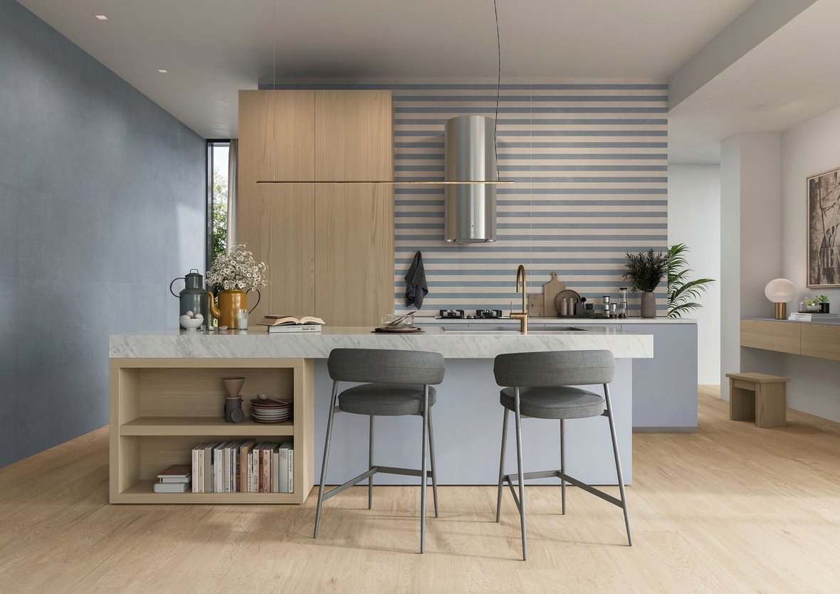 Keittiö, Moderni, LPC Sense, LPC Sense lasitettu porcelanato seinälaatta ulkolaatta 5X120 04 myrsky tasapintainen matta tumma sininen vivahteikas, LPC Sense lasitettu porcelanato seinälaatta ulkolaatta 5X120 03 hiekka tasapintainen matta keskitumma beige vivahteikas, LPC Sense lasitettu porcelanato seinälaatta lattialaatta ulkolaatta 120X278 04 myrsky tasapintainen matta tumma sininen vivahteikas