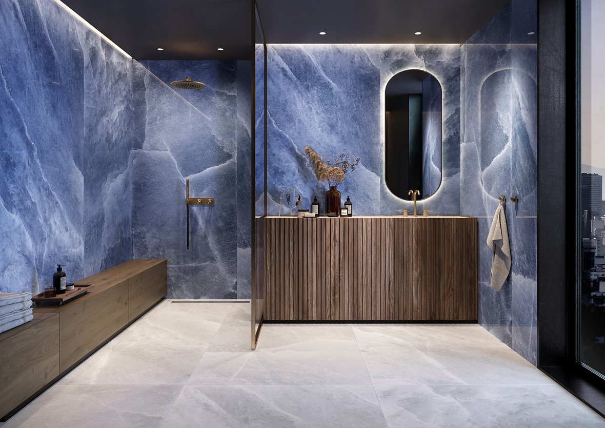 Kylpyhuone, Moderni, LPC Sky, LPC Sky lasitettu porcelanato seinälaatta lattialaatta ulkolaatta 120X280 05 sininen tasapintainen matta keskitumma sininen marmori, LPC Sky lasitettu porcelanato seinälaatta lattialaatta ulkolaatta 60X120 01 valkoinen tasapintainen matta vaalea valkoinen marmori