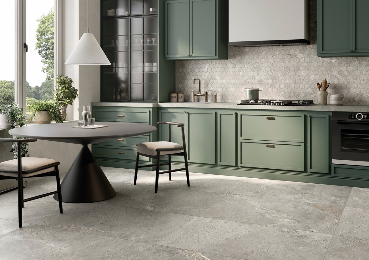 Keittiö, Moderni, LPC Terranova, LPC Terranova Hexagon lasitettu porcelanato mosaiikki seinälaatta lattialaatta 01 greige tasapintainen matta 6-kulmainen keskitumma harmaa kivi, LPC Terranova lasitettu porcelanato seinälaatta lattialaatta ulkolaatta 60X120 01 greige tasapintainen matta keskitumma harmaa kivi