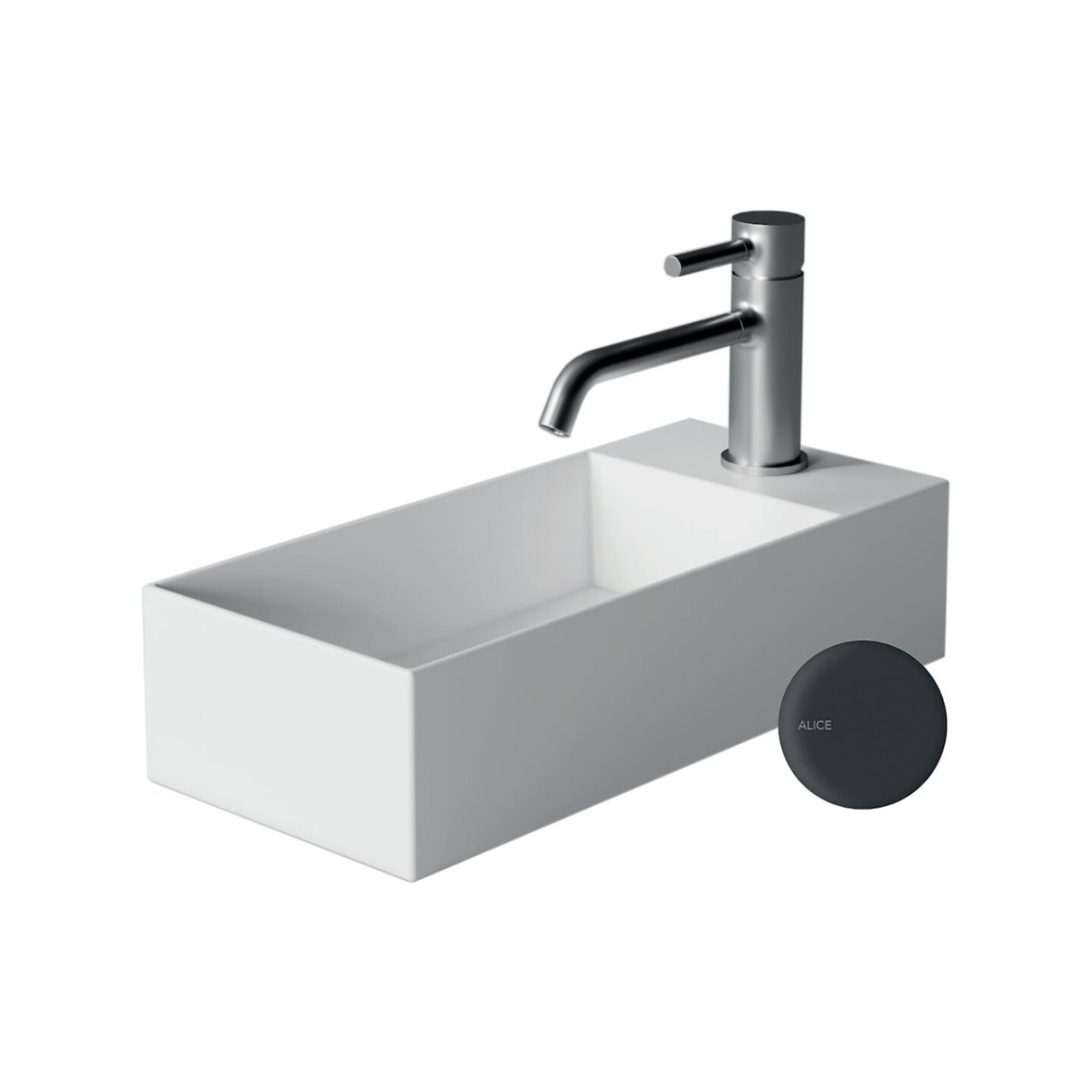 Alice Ceramica SPY seinään tai tason päälle asennettava pieni pesuallas 45X20X11 cm mattamusta posliini oikealla kulho vasemmalla matta musta