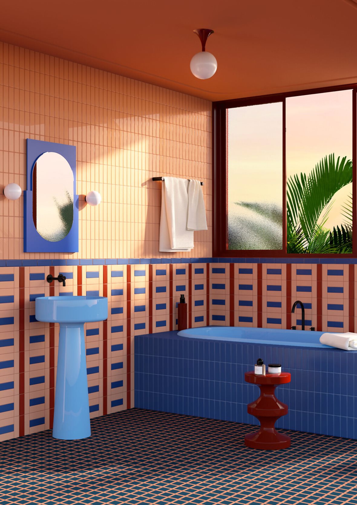 Kylpyhuone, Retro, Pukkila Färgblock, Pukkila Färgblock lasitettu porcelanato seinälaatta ulkolaatta 5X15 Oceano tasapintainen kiiltävä tumma sininen vivahteikas, Pukkila Färgblock lasitettu porcelanato seinälaatta ulkolaatta 5X15 Cipria tasapintainen kiiltävä vaalea punainen vivahteikas, Pukkila Färgblock lasitettu porcelanato seinälaatta ulkolaatta 5X15 Cannella tasapintainen kiiltävä tumma punainen vivahteikas