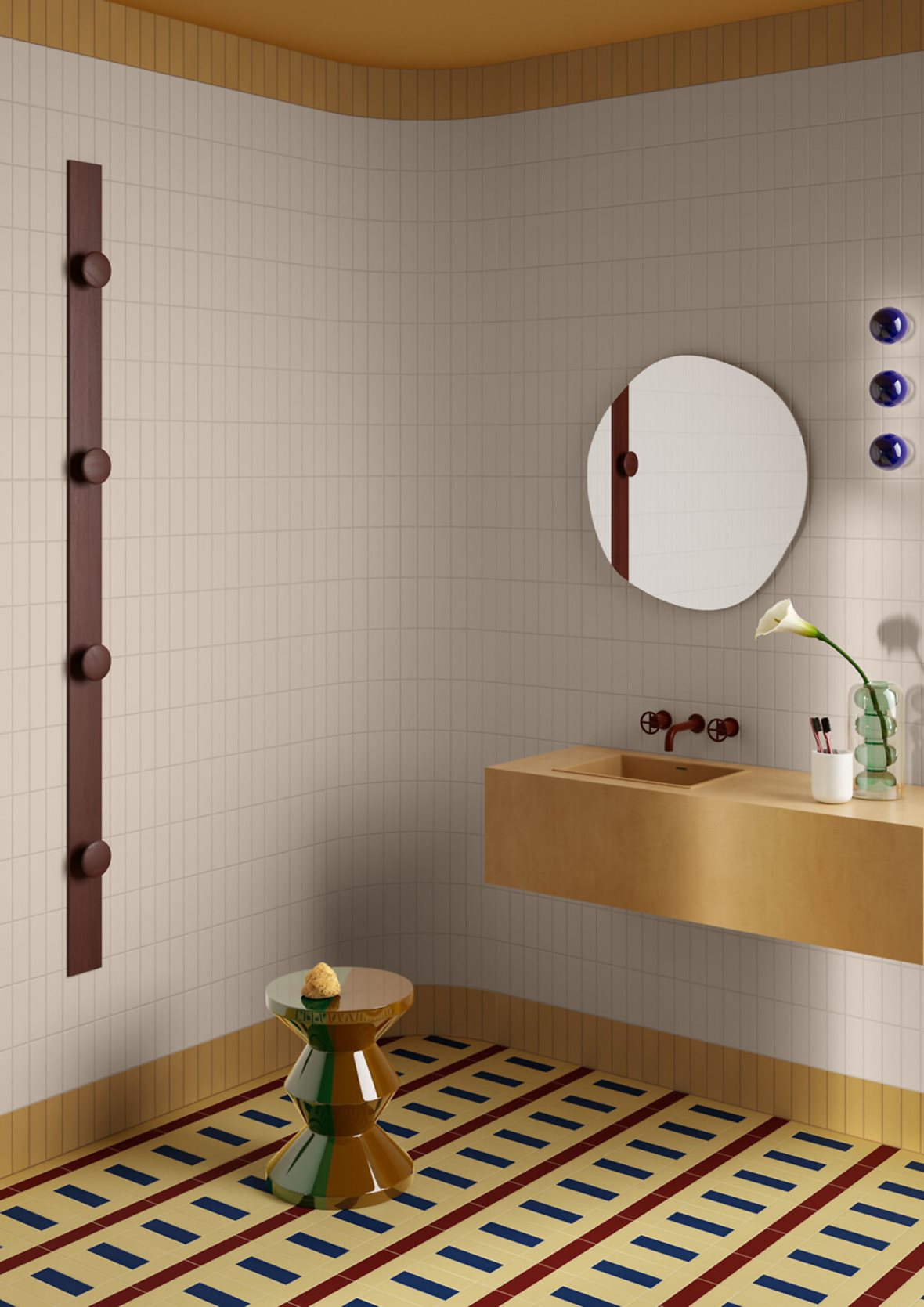 Kylpyhuone, Retro, Pukkila Färgblock, Pukkila Färgblock lasitettu porcelanato seinälaatta lattialaatta ulkolaatta 5X15 Oceano tasapintainen matta tumma sininen vivahteikas, Pukkila Färgblock lasitettu porcelanato seinälaatta lattialaatta ulkolaatta 5X15 Bianco tasapintainen matta vaalea valkoinen vivahteikas, Pukkila Färgblock lasitettu porcelanato seinälaatta lattialaatta ulkolaatta 5X15 Senape tasapintainen matta keskitumma keltainen vivahteikas, Pukkila Färgblock lasitettu porcelanato seinälaatta lattial