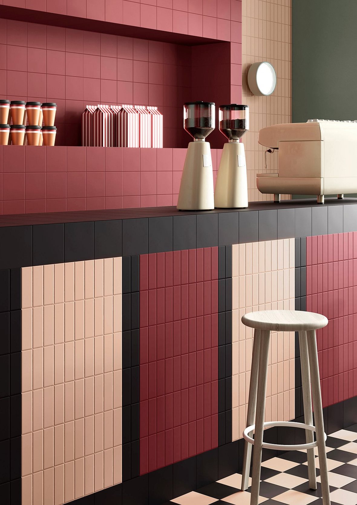 Retro, Pukkila Färgblock, Pukkila Färgblock lasitettu porcelanato seinälaatta lattialaatta ulkolaatta 5X15 Cipria tasapintainen matta vaalea punainen vivahteikas, Pukkila Färgblock lasitettu porcelanato seinälaatta lattialaatta ulkolaatta 5X15 Borgogna tasapintainen matta tumma punainen vivahteikas, Pukkila Färgblock lasitettu porcelanato seinälaatta lattialaatta ulkolaatta 15X15 Nero tasapintainen matta tumma musta vivahteikas, Pukkila Färgblock lasitettu porcelanato seinälaatta lattialaatta ulkolaatta 5X1