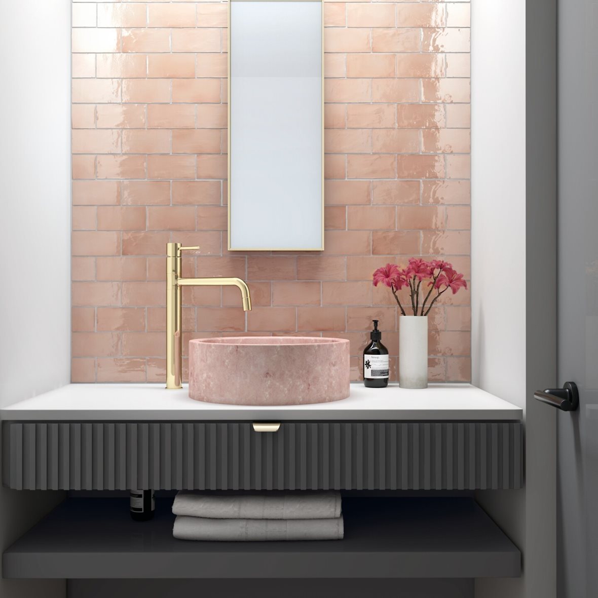 WC, Moderni, Pukkila Manacor, Pukkila Manacor lasitettu kaakeli seinälaatta 7,5X15 Blush Pink laineileva kiiltävä keskitumma punainen vivahteikas
