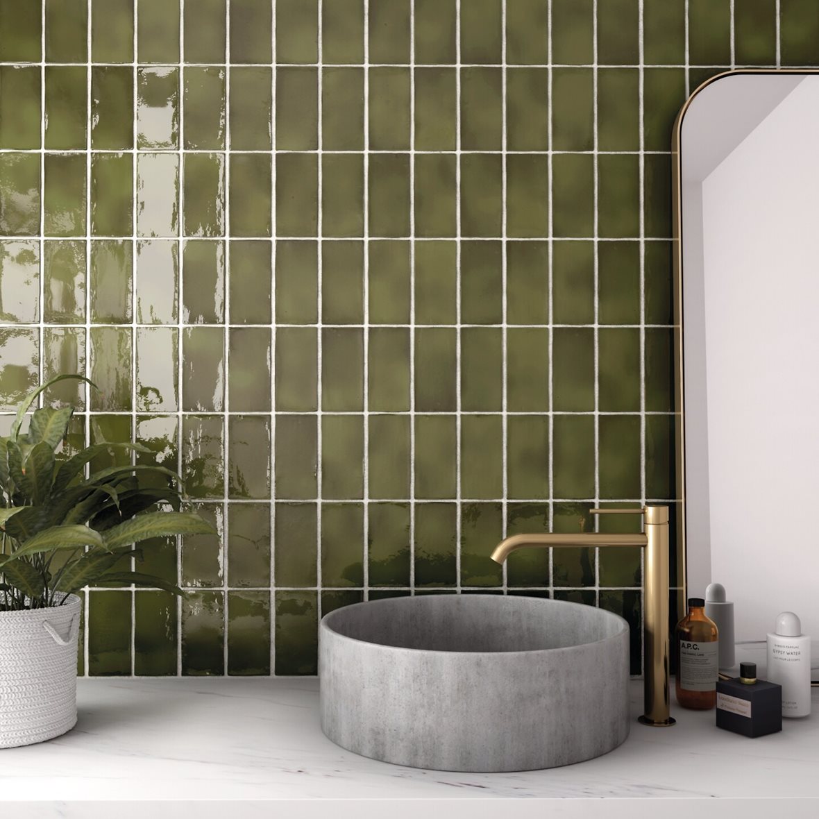 WC, Moderni, Pukkila Manacor, Pukkila Manacor lasitettu kaakeli seinälaatta 7,5X15 Basil Green laineileva kiiltävä keskitumma vihreä vivahteikas