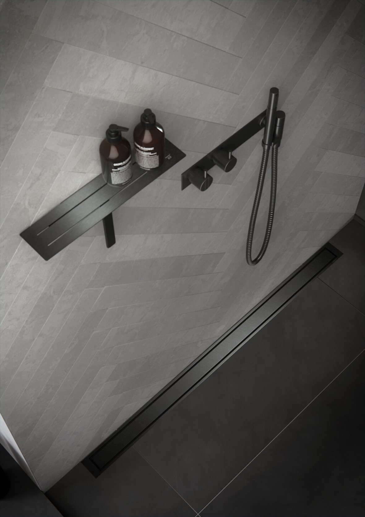 Unidrain HighLine, Unidrain HighLine 1920 panel 900 mm RST AISI 304 PVD-musta, Unidrain HighLine 1917 kehys 900/10 mm RST AISI 304 PVD-musta, Moderni, Unidrain ReFrame, Unidrain ReFrame suihkuhylly ja -lasta PVD-musta