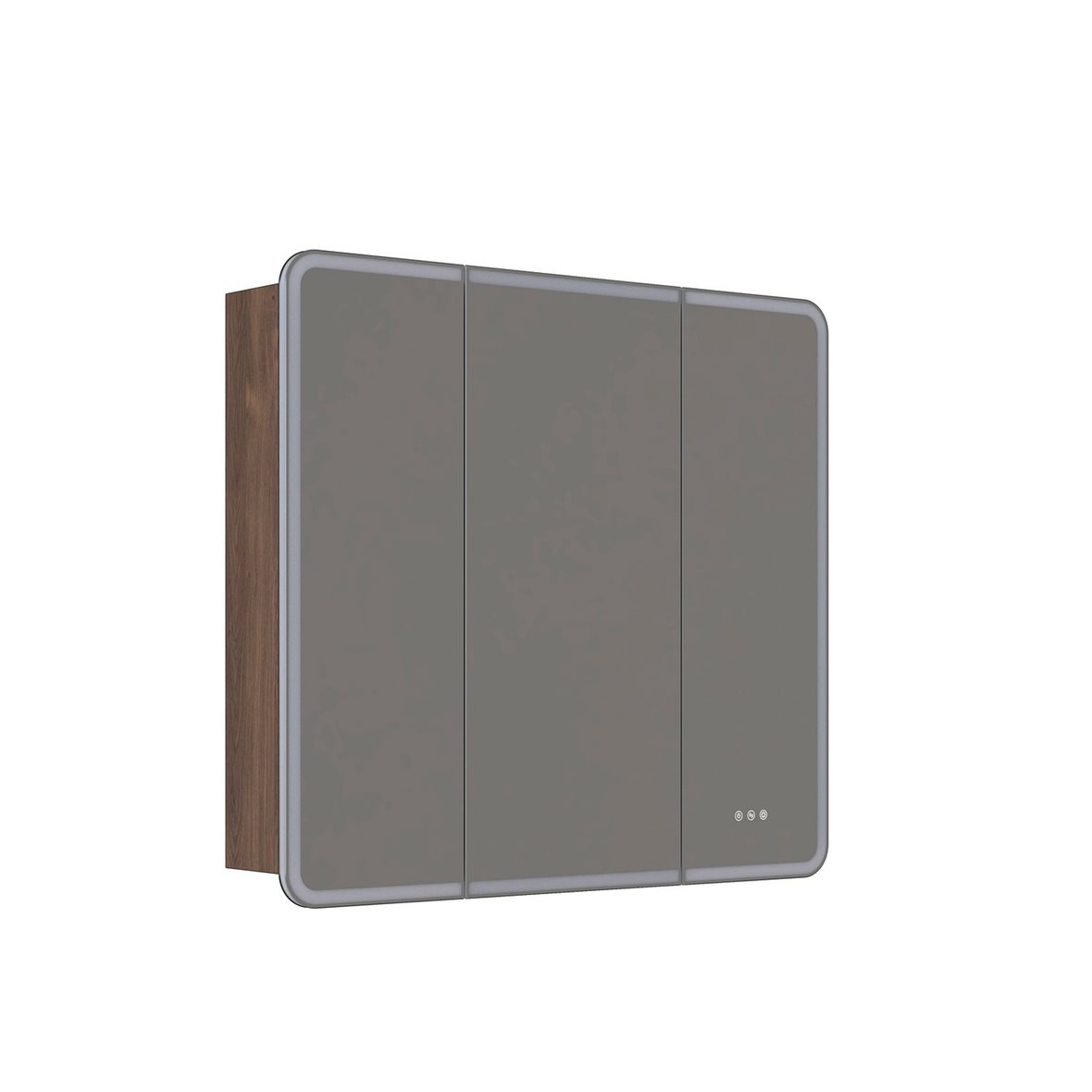 Dansani Luna Radience valaisinpeilikaappi 100x90x16,5 cm ruskea tammi 3 ovea päävalaistus valaistuksenohjaus pistorasia oikealla huurtumaton