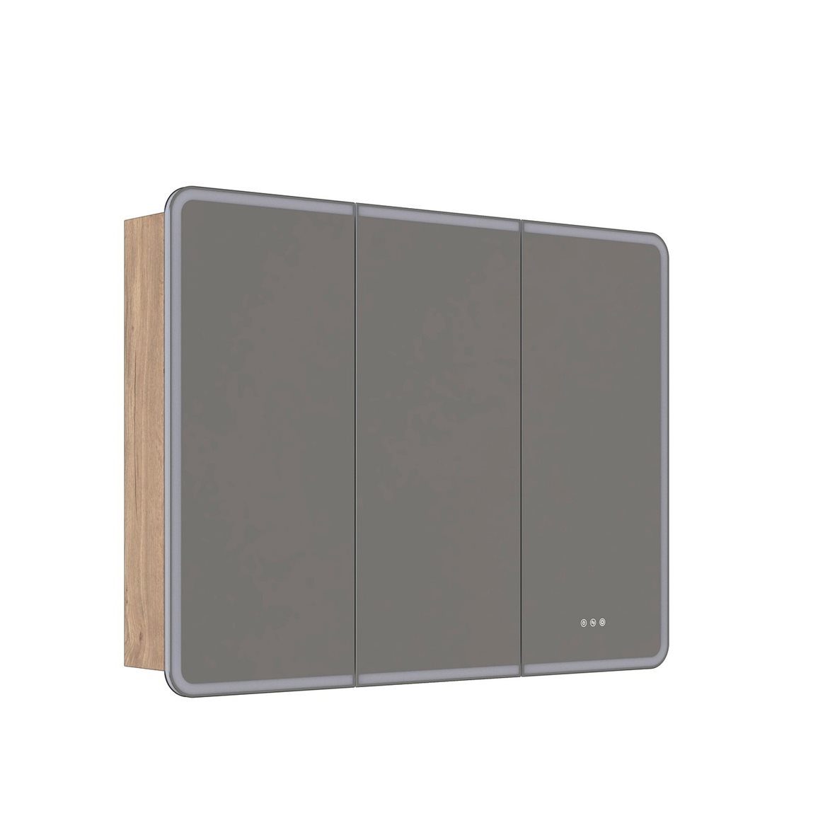 Dansani Luna Radience valaisinpeilikaappi 120x90x16,5 cm luonnontammi 3 ovea päävalaistus valaistuksenohjaus pistorasia oikealla huurtumaton