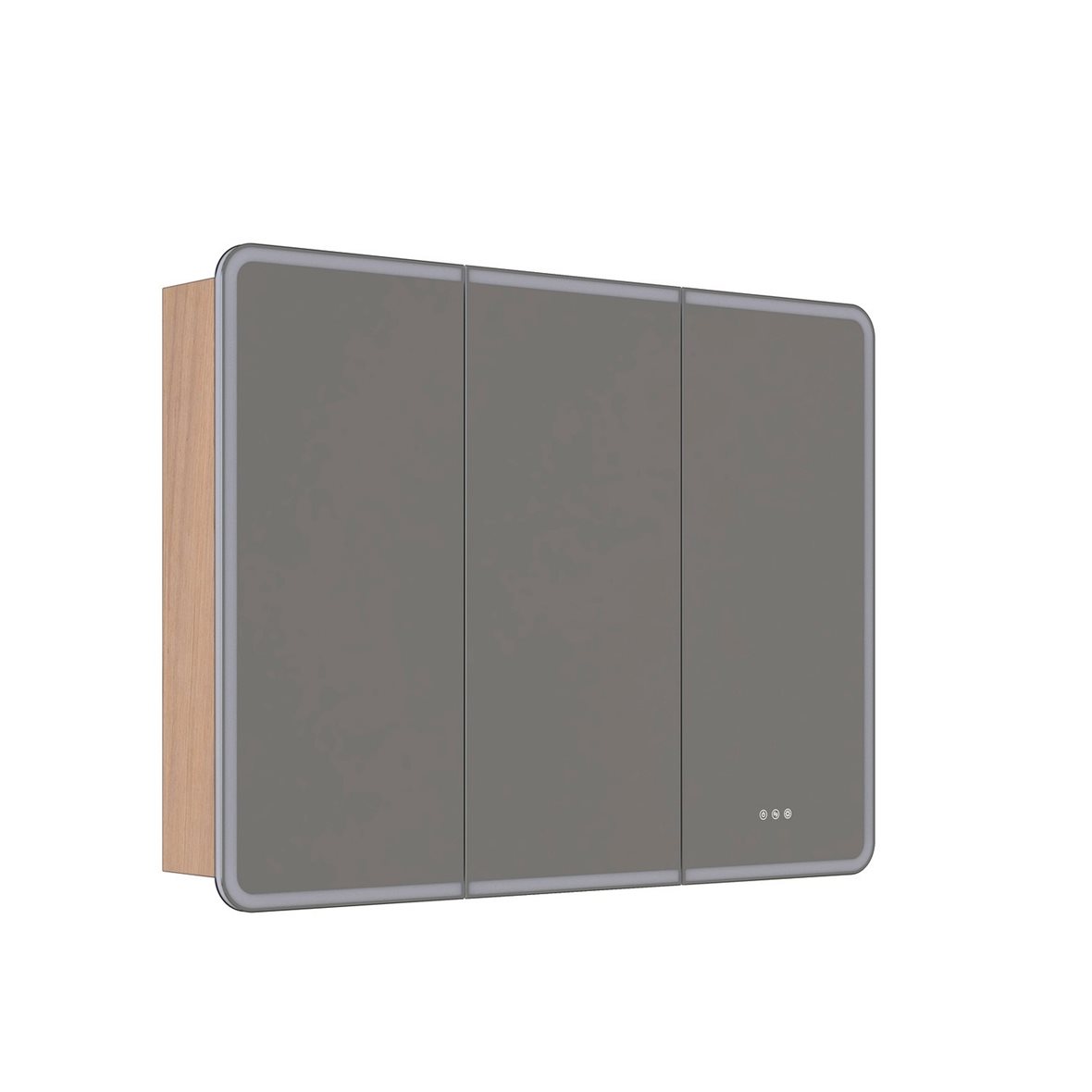Dansani Luna Radience valaisinpeilikaappi 120x90x16,5 cm vaalea tammi 3 ovea päävalaistus valaistuksenohjaus pistorasia oikealla huurtumaton